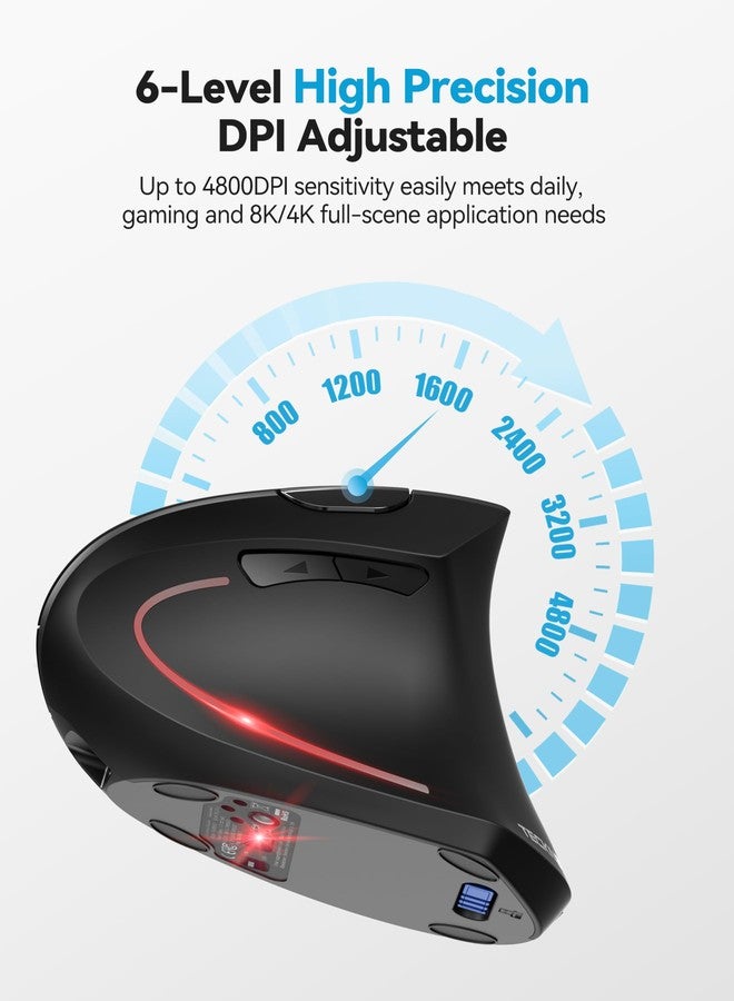 TECKNET Ergonomic Mouse, Bluetooth Wireless Vertical Mouse, Connect 3 Devices Simultaneously, 4800 DPI Rechargeable Carpal Tunnel Mouse for Laptop, PC, MacBook, iPad - Black - Image 5