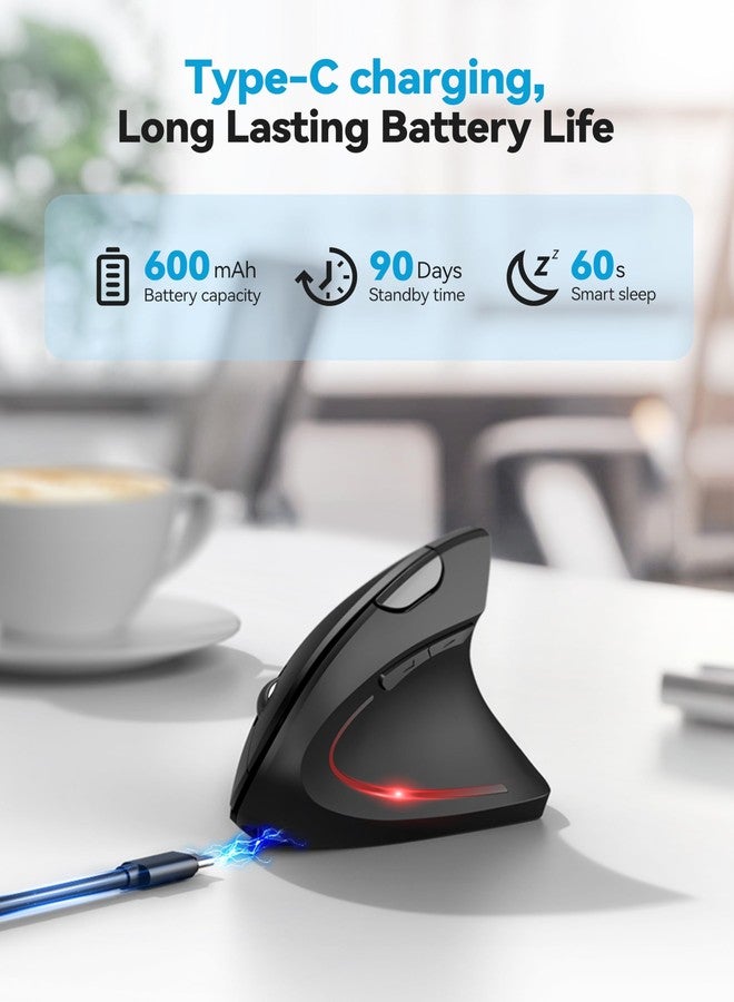 TECKNET Ergonomic Mouse, Bluetooth Wireless Vertical Mouse, Connect 3 Devices Simultaneously, 4800 DPI Rechargeable Carpal Tunnel Mouse for Laptop, PC, MacBook, iPad - Black - Image 4