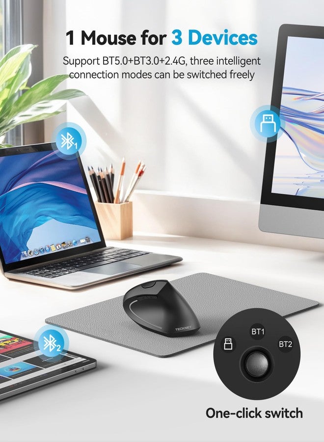 TECKNET Ergonomic Mouse, Bluetooth Wireless Vertical Mouse, Connect 3 Devices Simultaneously, 4800 DPI Rechargeable Carpal Tunnel Mouse for Laptop, PC, MacBook, iPad - Black - Image 3