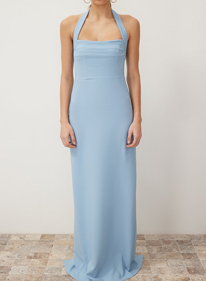 trendyol Blue Fitted Neckline Woven Long Evening Dress TPRSS24AE00083 - Image 4