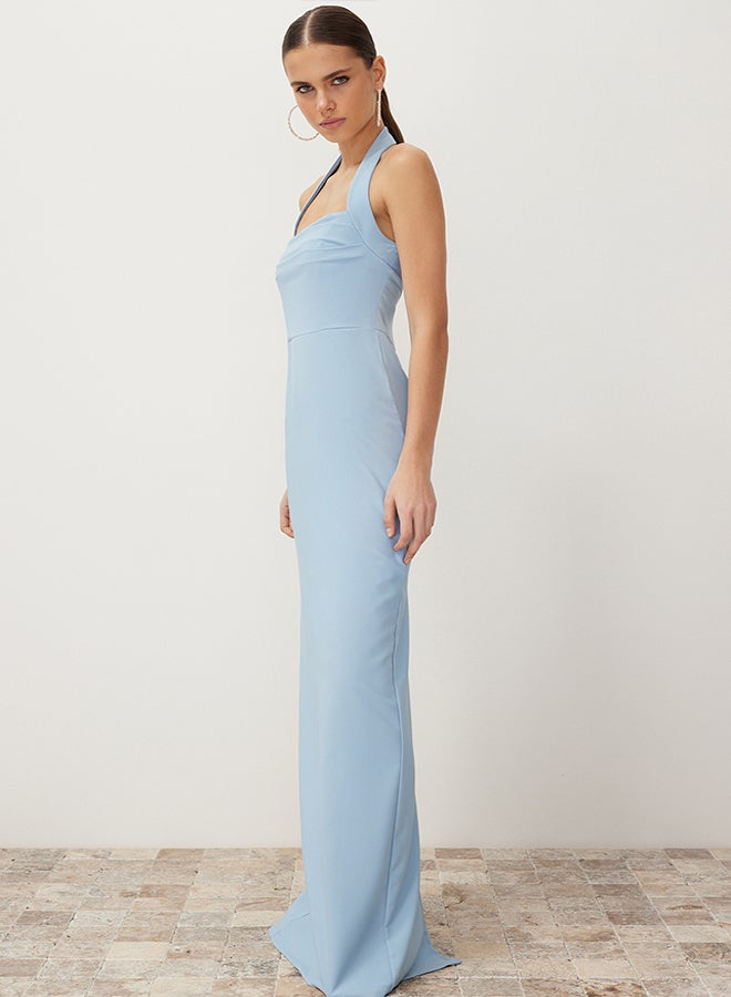 trendyol Blue Fitted Neckline Woven Long Evening Dress TPRSS24AE00083 - Image 2