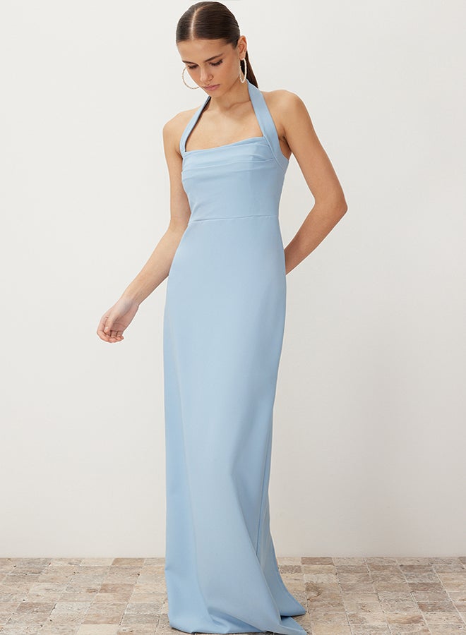 trendyol Blue Fitted Neckline Woven Long Evening Dress TPRSS24AE00083 - Image 1