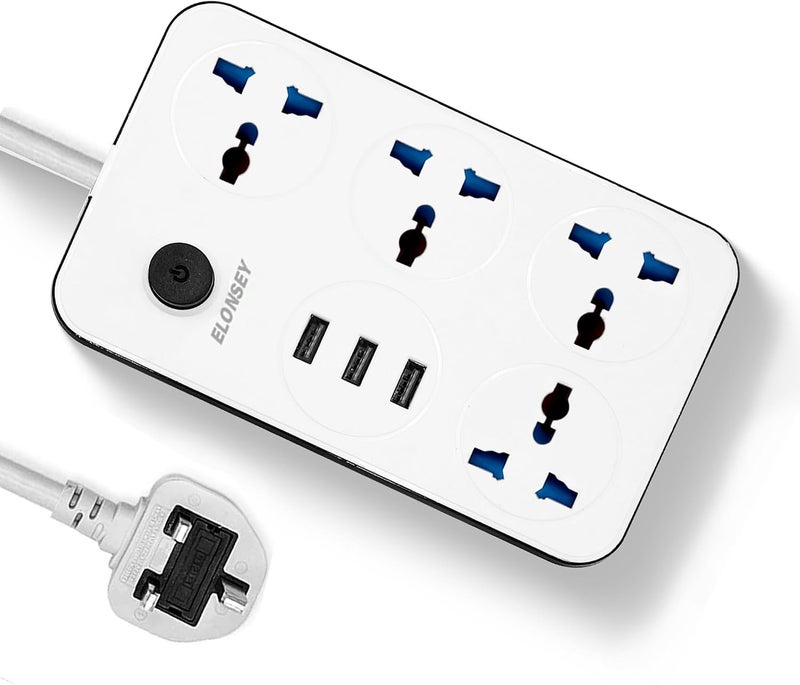 ELONSEY 5 Meter Universal Power Extension Cord with 4 Power Plugs and 3 USB Outlets, 4 Way Power Strip with Quick USB Charging Slots, Extension Lead 5 meter - White - Image 1