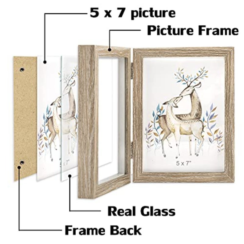 إطار صورة مزدوج 5x7 إطار مفصلي إطارات صور خشبية MDF عمودية مع حبيبات خشبية أمامية من الزجاج - Image 3