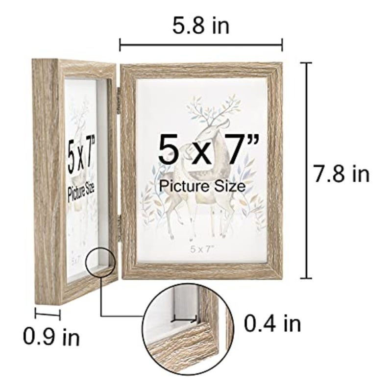 إطار صورة مزدوج 5x7 إطار مفصلي إطارات صور خشبية MDF عمودية مع حبيبات خشبية أمامية من الزجاج - Image 4