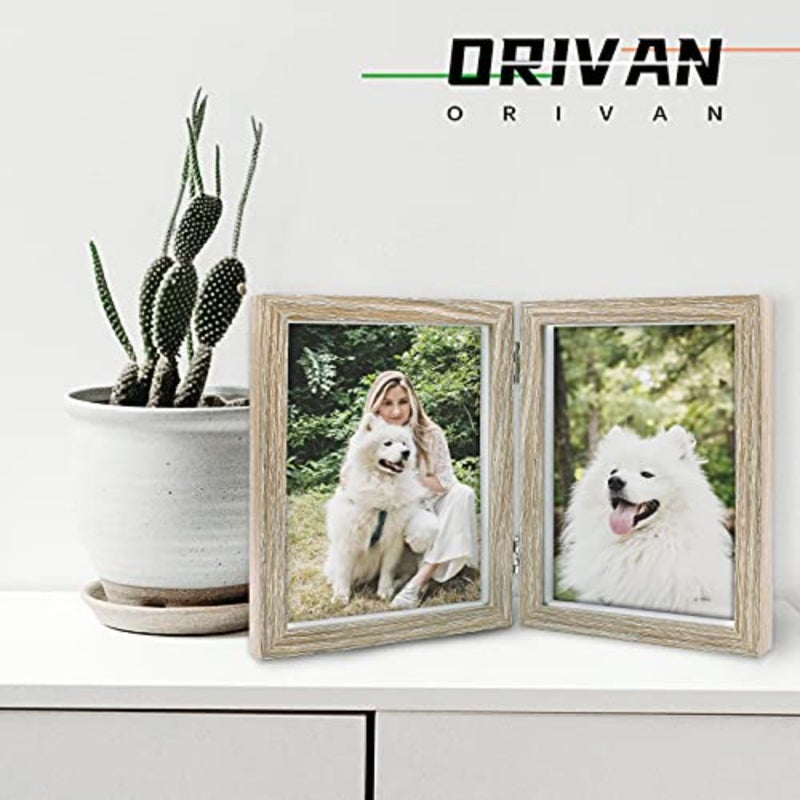 إطار صورة مزدوج 5x7 إطار مفصلي إطارات صور خشبية MDF عمودية مع حبيبات خشبية أمامية من الزجاج - Image 2