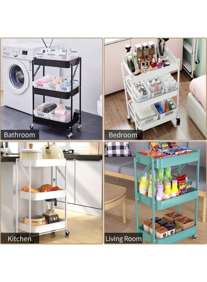 Nadrab Foldable 3-Tier Metal Storage Cart with Wheels, Suitable for Office, Living Room, Kitchen – Mobile Storage Organizer, White - Image 5