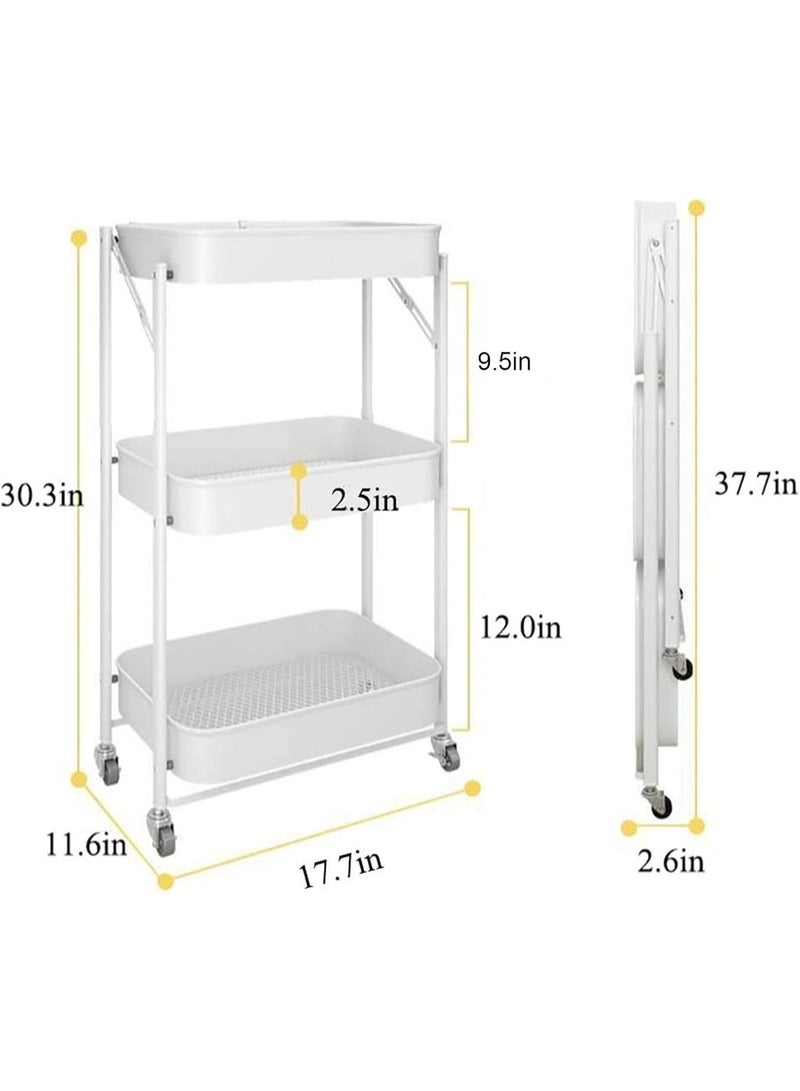 Nadrab Foldable 3-Tier Metal Storage Cart with Wheels, Suitable for Office, Living Room, Kitchen – Mobile Storage Organizer, White - Image 4