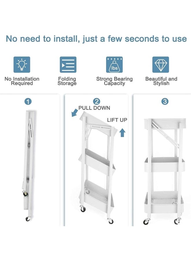 Nadrab Foldable 3-Tier Metal Storage Cart with Wheels, Suitable for Office, Living Room, Kitchen – Mobile Storage Organizer, White - Image 3