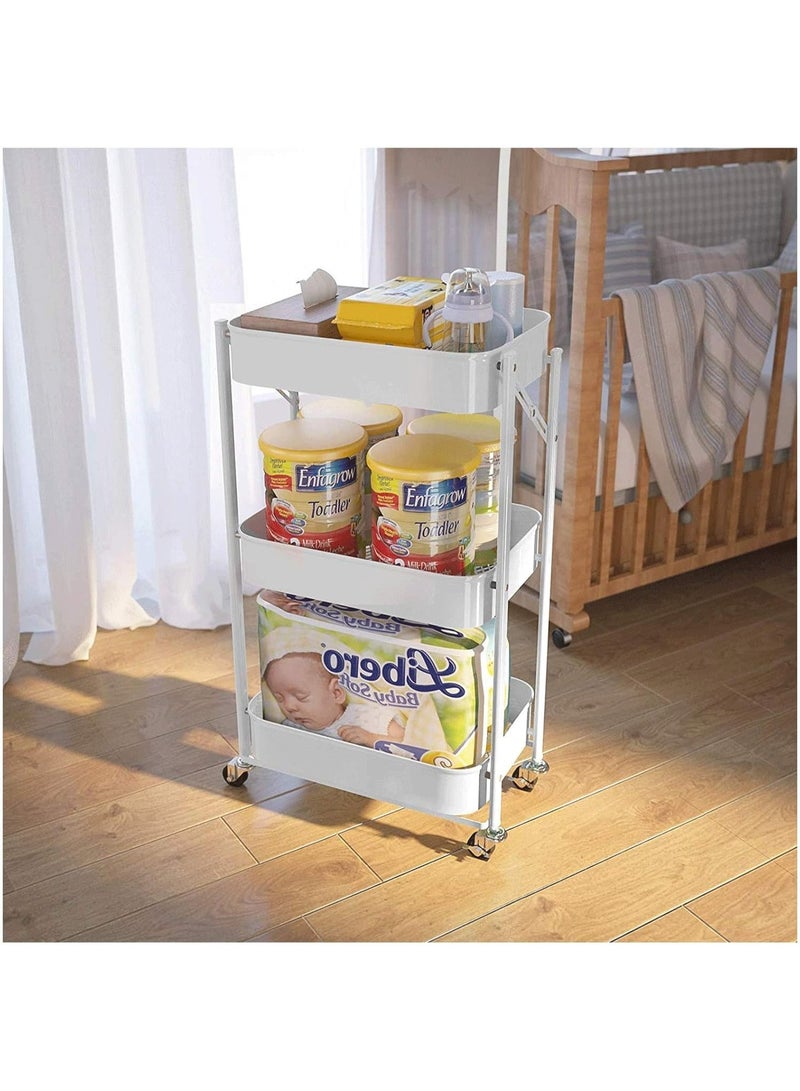 Nadrab Foldable 3-Tier Metal Storage Cart with Wheels, Suitable for Office, Living Room, Kitchen – Mobile Storage Organizer, White - Image 2