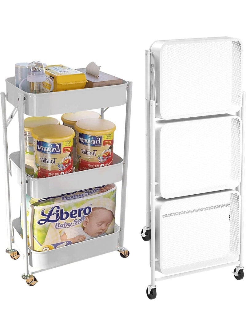 Nadrab Foldable 3-Tier Metal Storage Cart with Wheels, Suitable for Office, Living Room, Kitchen – Mobile Storage Organizer, White - Image 1
