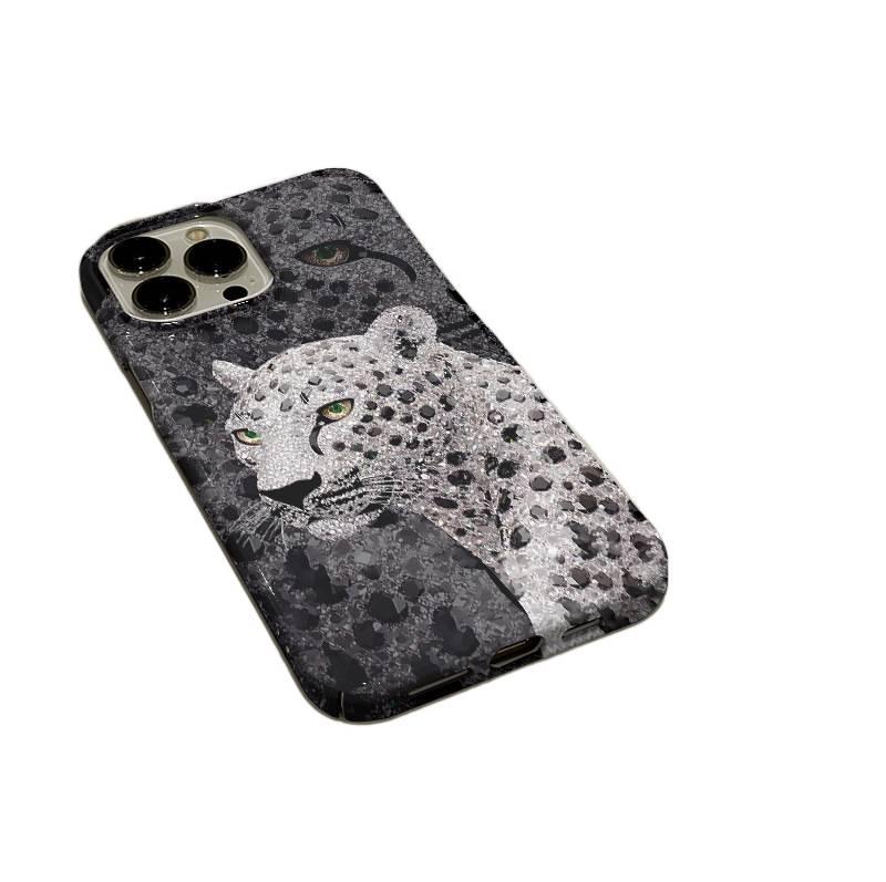 MS Film Protective Case for iPhone 15 / 15 Plus / 15 Pro / 15 Pro Max with Sparkling Snow Leopard Pattern and Drop Protection plus Shockproof plus Scratch Resistant in White - Image 1