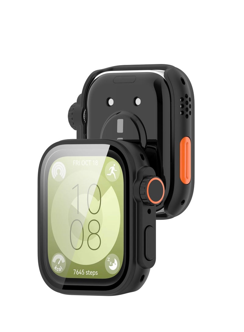 Full Coverage Case with Screen Protector Compatible with Huawei Watch Fit 3 PC and Real Glass Protective Case Cover Smart Watch Accessories(PC/Black)  - Image 4