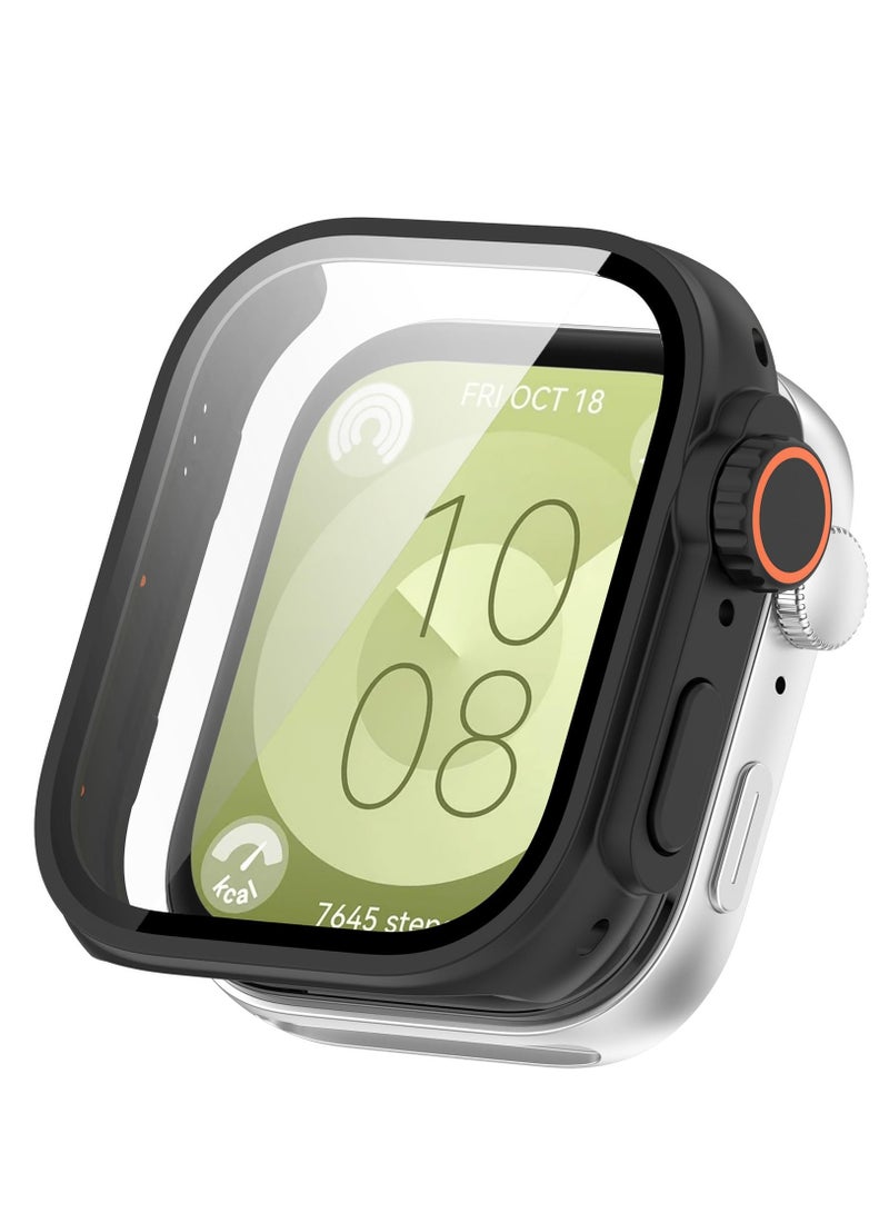 Full Coverage Case with Screen Protector Compatible with Huawei Watch Fit 3 PC and Real Glass Protective Case Cover Smart Watch Accessories(PC/Black)  - Image 2