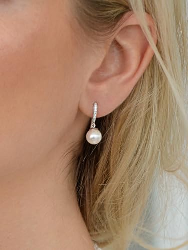 Mariell Pearl Drop Earrings, 8mm, French Wire Top with CZ Crystal for Bride, Wedding or Birthday Gift - Image 3