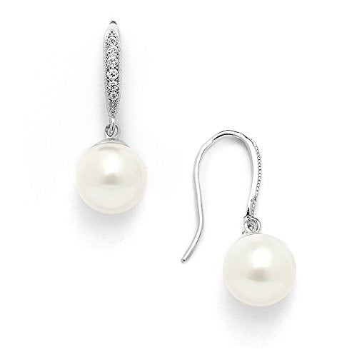 Mariell Pearl Drop Earrings, 8mm, French Wire Top with CZ Crystal for Bride, Wedding or Birthday Gift - Image 1