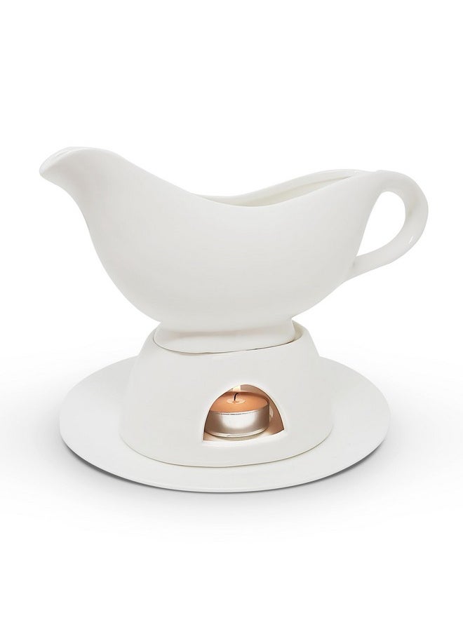 KOVOT KOVOT 12 Ounce Gravy Boat, Warming Stand & Tray | Ceramic White Gravy Dish With Tealight Warming Option  - Image 1