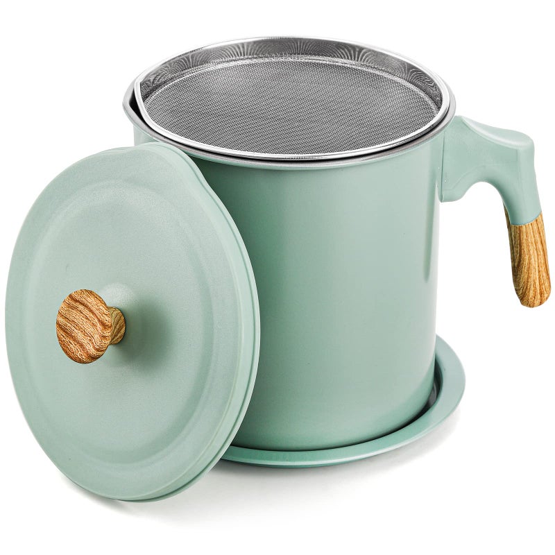 Lyellfe Bacon Grease Container with Strainer 14L48 Oz Stainless Steel Oils Filter Pot for Kitchen Green Cooking Oil Storage Holder for Used Cooking Oils Fat and Frying Oil
