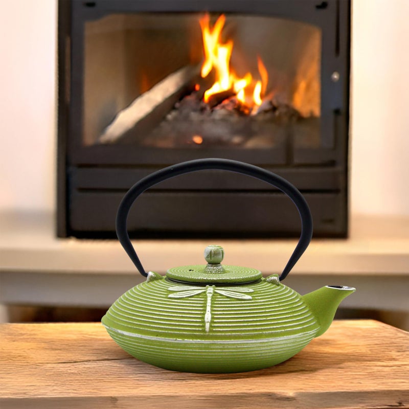 SECHUDO Cast Iron Teapot,SECHUDO Tea Kettle Coated with Enameled Interior for Loose Tea,Cast Iron Teapot with Stainless Steel Infuser for Stovetop Safe (27.1oz Flat Dragonfly Pattern) - Image 4