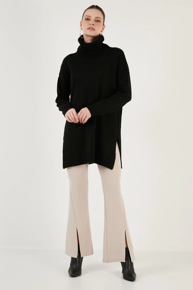 ليلا Regular Fit, Side Slits, Turtleneck Long Knitwear Sweater Women's Sweater 4616141