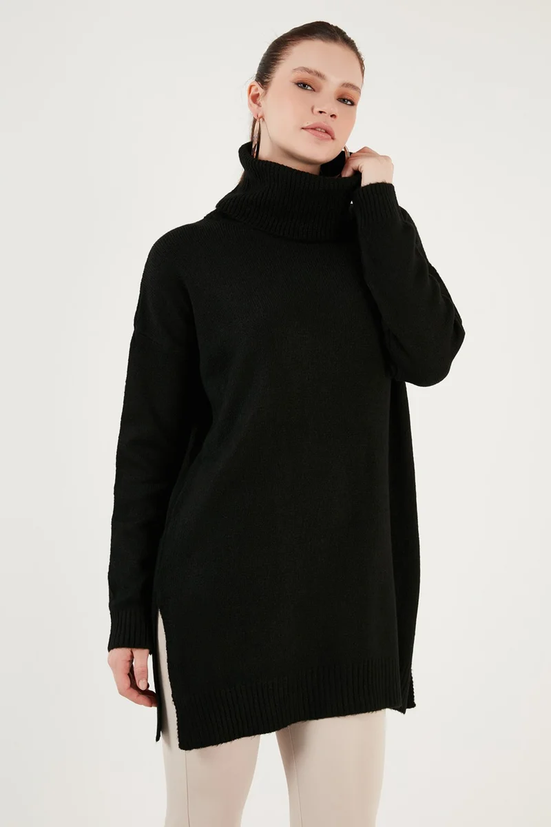 ليلا Regular Fit, Side Slits, Turtleneck Long Knitwear Sweater Women's Sweater 4616141