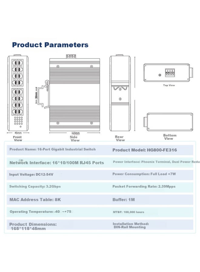 Smart Valley Huigu 100mbps 16-port Industrial Switch, Industrial Ethernet Switch, Monitoring Network Splitter, Hub, Din Rail-mounted Hg800-fe3016 - Image 1
