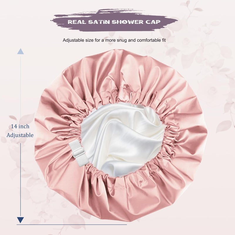 Amamba Shower Cap,100% Real Satin Lined Shower Cap,Extra Large Shower Cap for Women Reusable Waterproof,Adjustable Size&Long Hair Bath Caps（Pink） - Image 5