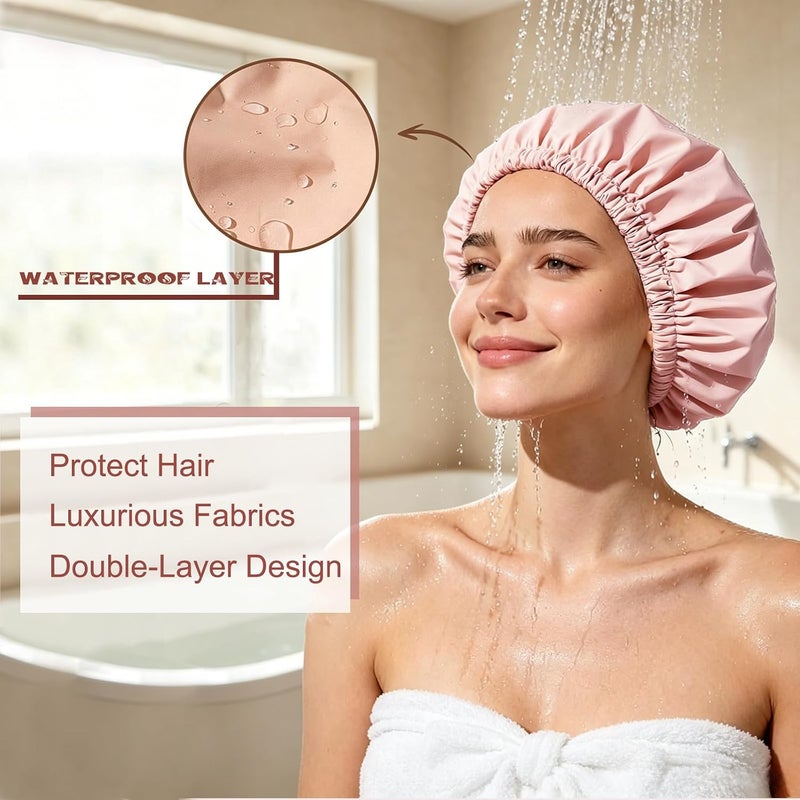 Amamba Shower Cap,100% Real Satin Lined Shower Cap,Extra Large Shower Cap for Women Reusable Waterproof,Adjustable Size&Long Hair Bath Caps（Pink） - Image 3