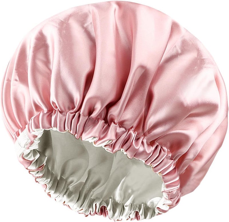Amamba Shower Cap,100% Real Satin Lined Shower Cap,Extra Large Shower Cap for Women Reusable Waterproof,Adjustable Size&Long Hair Bath Caps（Pink） - Image 1