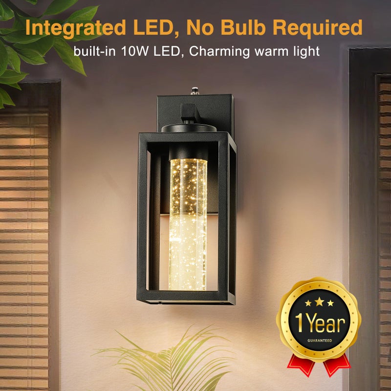 VIANIS 2 Pack Exterior Garage Lighting Fixtures Wall Mount, Modern Black Outdoor Porch Lights for House with Crystal Bubble Glass, 100% Aluminum Built-in 10W LED Outdoor Wall Sconce Lights Lantern - Image 3