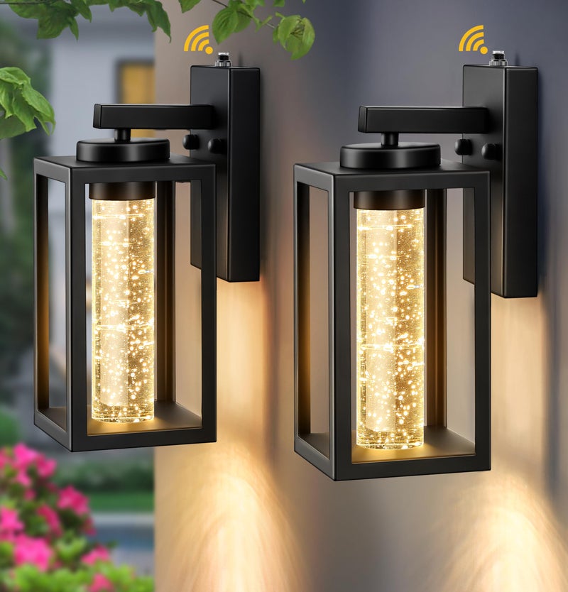 VIANIS 2 Pack Exterior Garage Lighting Fixtures Wall Mount, Modern Black Outdoor Porch Lights for House with Crystal Bubble Glass, 100% Aluminum Built-in 10W LED Outdoor Wall Sconce Lights Lantern - Image 1