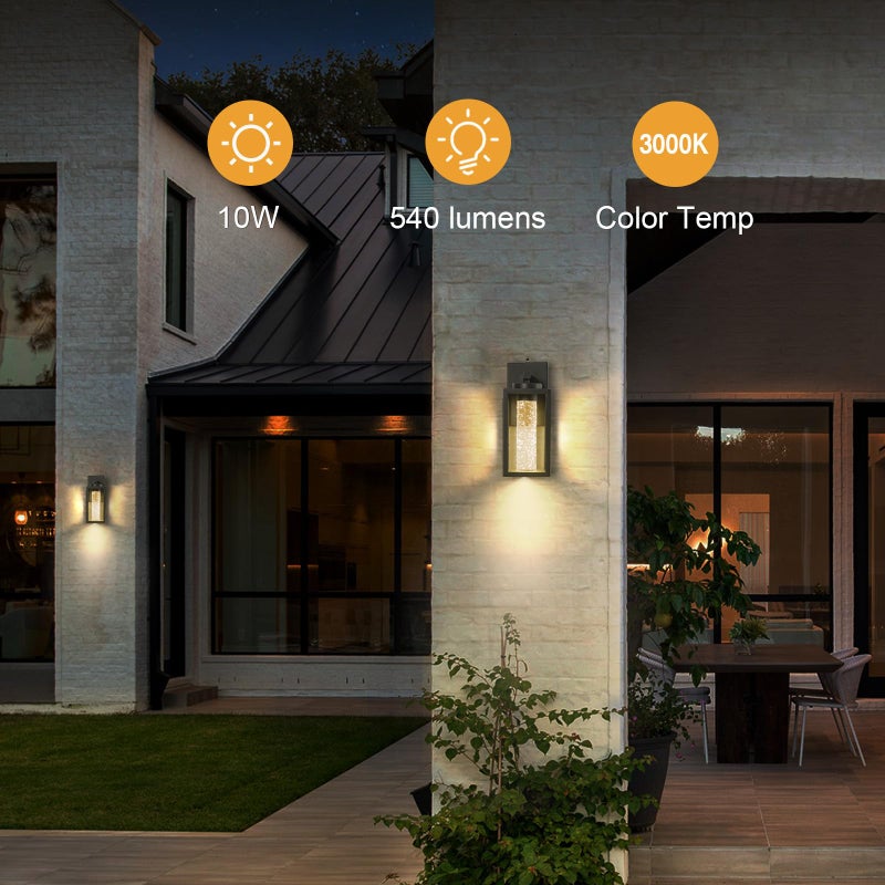 VIANIS 2 Pack Exterior Garage Lighting Fixtures Wall Mount, Modern Black Outdoor Porch Lights for House with Crystal Bubble Glass, 100% Aluminum Built-in 10W LED Outdoor Wall Sconce Lights Lantern - Image 5