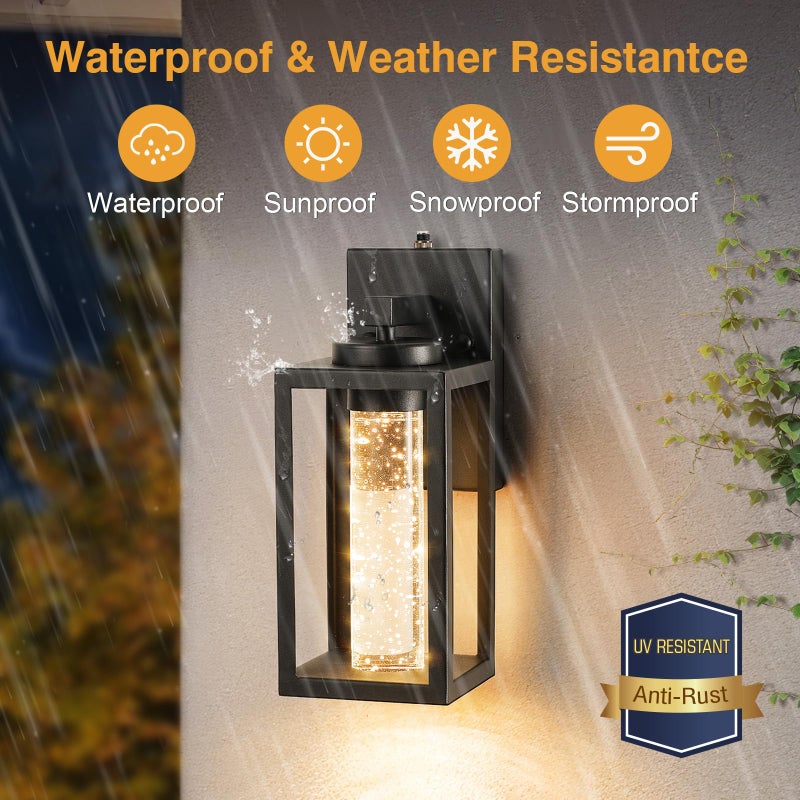 VIANIS 2 Pack Exterior Garage Lighting Fixtures Wall Mount, Modern Black Outdoor Porch Lights for House with Crystal Bubble Glass, 100% Aluminum Built-in 10W LED Outdoor Wall Sconce Lights Lantern - Image 4