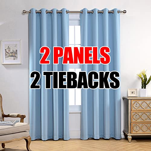 MIUCO Room Darkening Soild Grommet Blackout Curtains Panels for Nursery Window Curtains Set of 2 52x95 Inch Sky Blue, Bonus 2 Tie Backs Included - Image 1