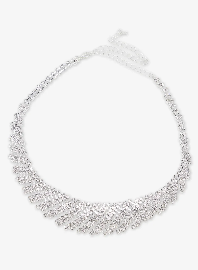 Khizana Silver Diamonte Rhinestone Drop Down Jewelry Set With Earrings Necklace