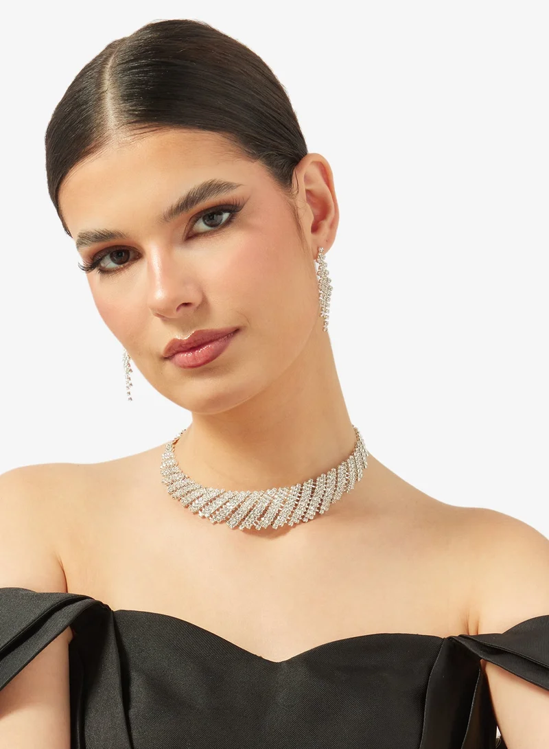 Khizana Silver Diamonte Rhinestone Drop Down Jewelry Set With Earrings Necklace