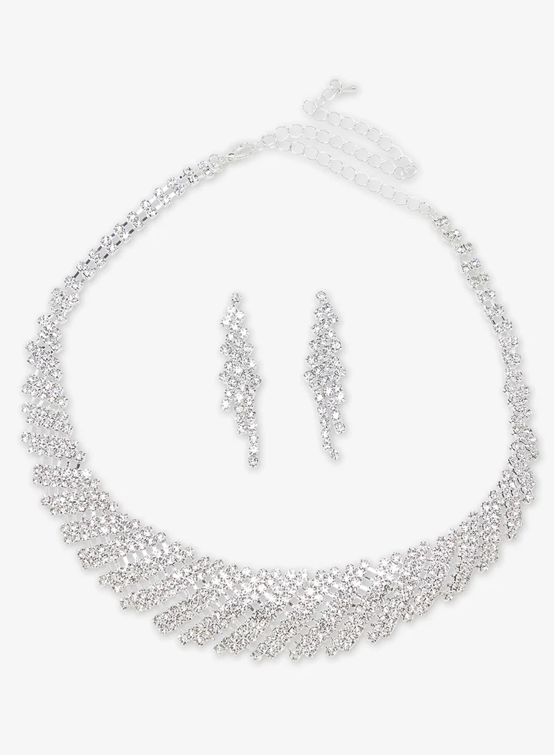 Khizana Silver Diamonte Rhinestone Drop Down Jewelry Set With Earrings Necklace