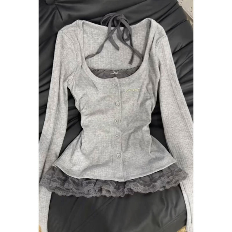 Korean Style Gray Fake Two-Piece Lace Halterneck T-Shirt For Women Early Spring Design Niche Long-Sleeved Top - Image 2