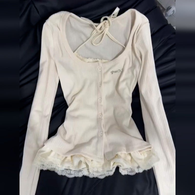 Korean Style Gray Fake Two-Piece Lace Halterneck T-Shirt For Women Early Spring Design Niche Long-Sleeved Top - Image 5