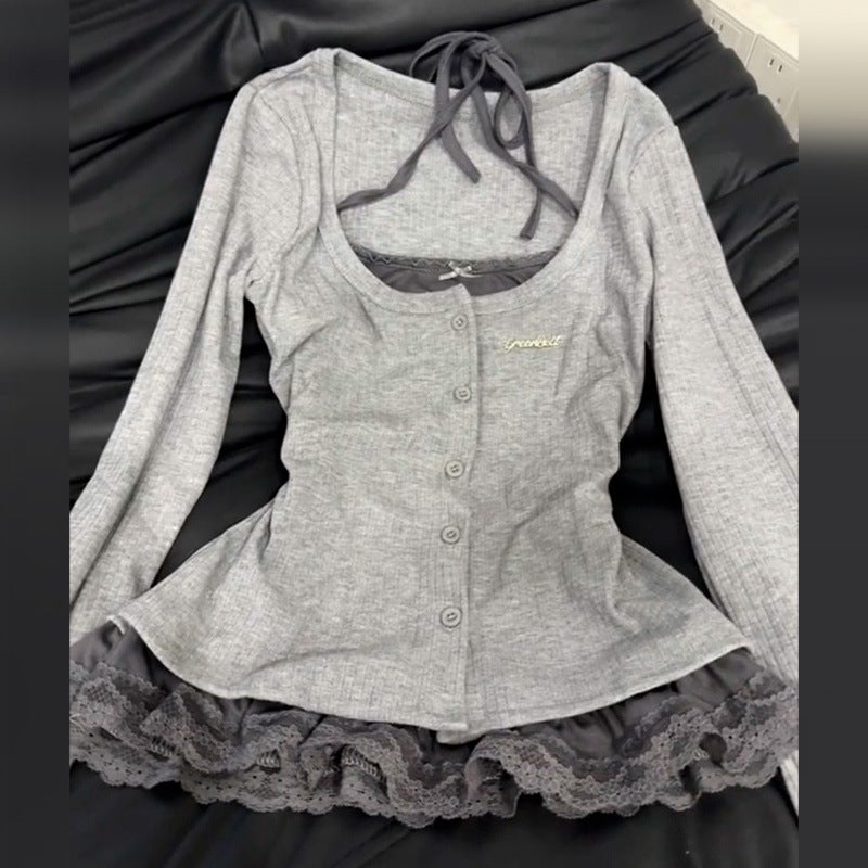 Korean Style Gray Fake Two-Piece Lace Halterneck T-Shirt For Women Early Spring Design Niche Long-Sleeved Top - Image 4