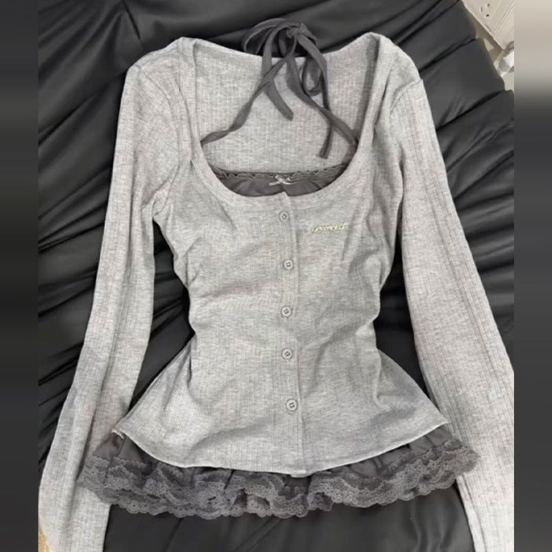 Korean Style Gray Fake Two-Piece Lace Halterneck T-Shirt For Women Early Spring Design Niche Long-Sleeved Top - Image 1