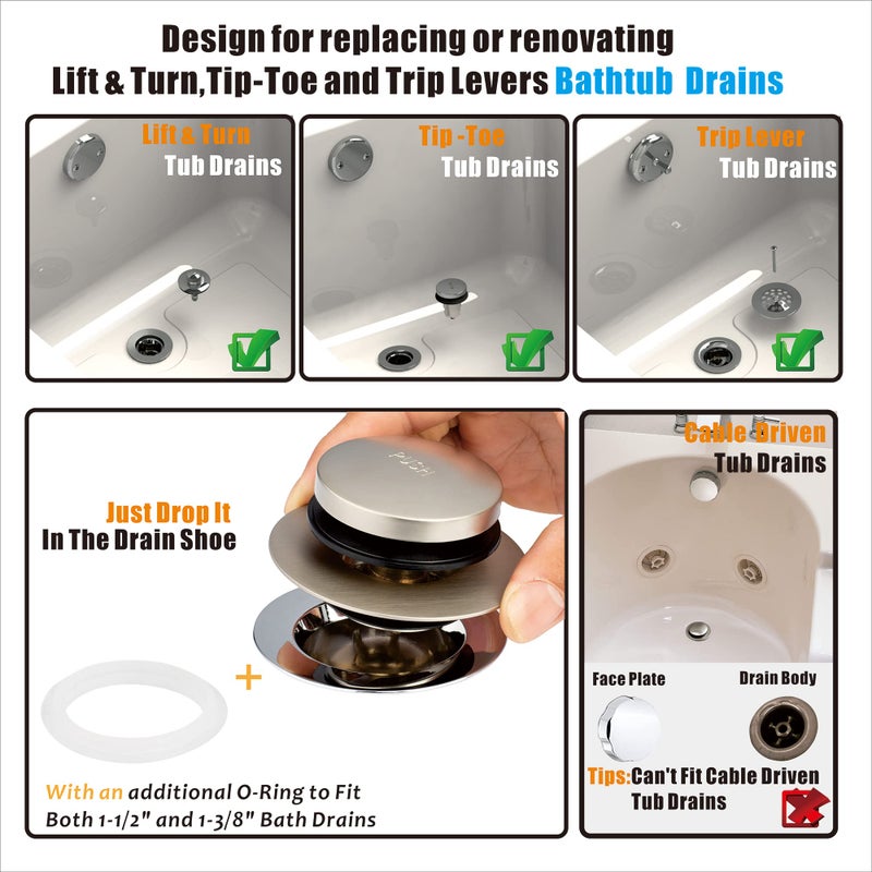 Artiwell Universal Tip Toe Bath Drain Stopper And Cover Bathtub Drain Stopper Replaces Lift And Turn Tip-Toe And Trip Lever Drains For Tub Ez Installation And Clearing (Brushed Nickel) - Image 2