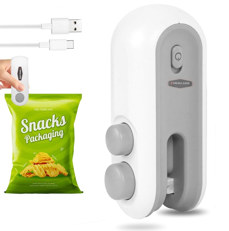 Finalize Portable Mini Sealing Machine, Handheld Packed Sealer for Food, 2 in 1 USB Rechargeable, Snacks, Chips, Fresh Storage, Plastic Bags Sealing Machine, Rechargeable Bag Sealer, (White) - Image 1