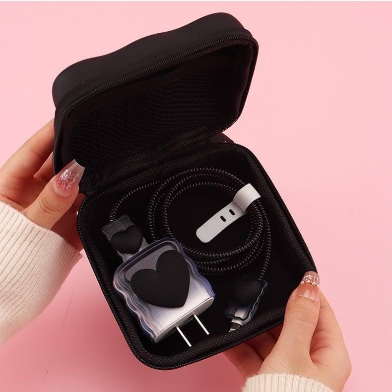 CERLINK حقيبة تخزين كابل بيانات الهاتف المحمول المحمولة متعددة الوظائف شاحن سماعة الأذن كابل USB حقيبة سفر حزمة من-1 (قلب أسود) - Image 4