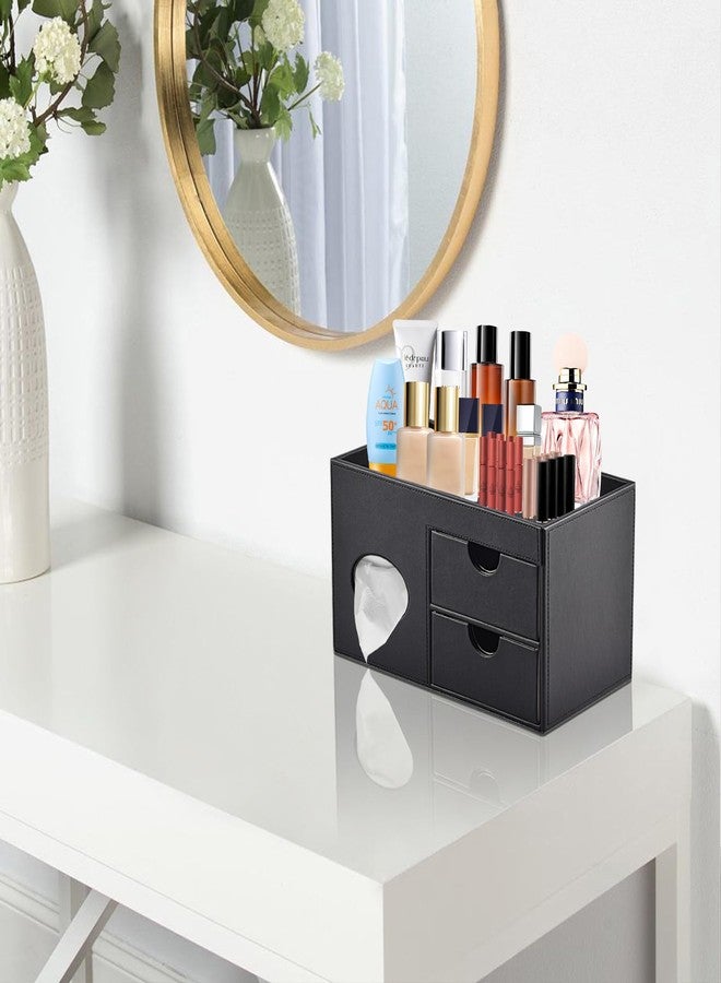 RHCSZ Square Tissue Box Cover with Drawers,Tissue Box Holder with Storage Tray, Makeup Organizer and Desk Organizer,Tissue Holders Decorative for Bathroom Vanity NightStand Dressing Table (Black) - Image 2