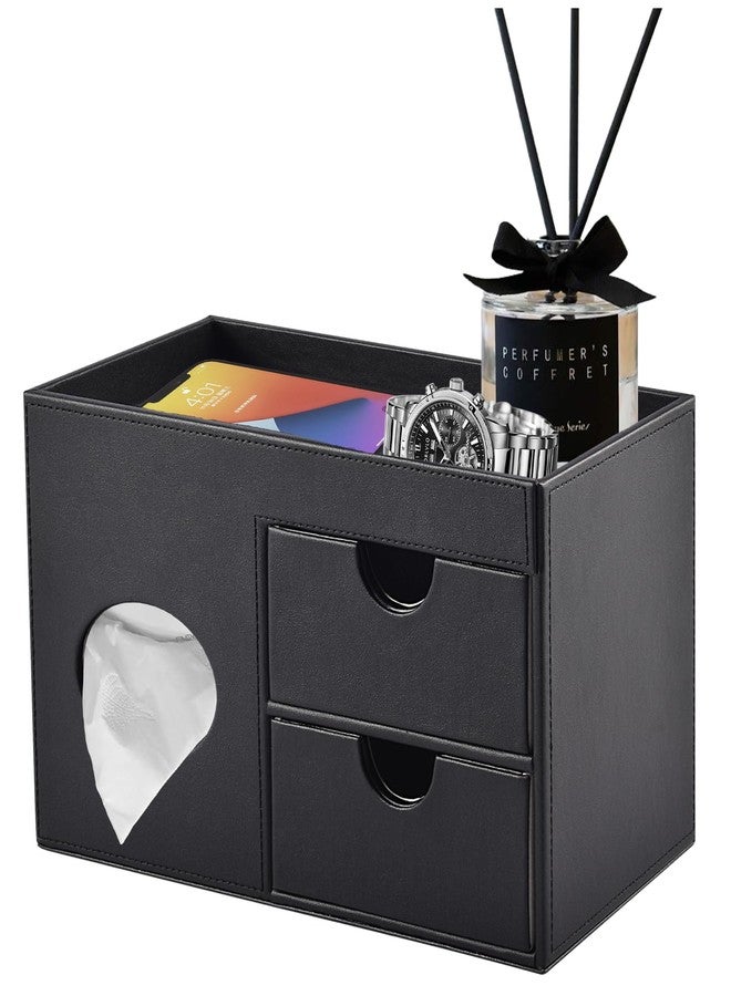 RHCSZ Square Tissue Box Cover with Drawers,Tissue Box Holder with Storage Tray, Makeup Organizer and Desk Organizer,Tissue Holders Decorative for Bathroom Vanity NightStand Dressing Table (Black) - Image 1