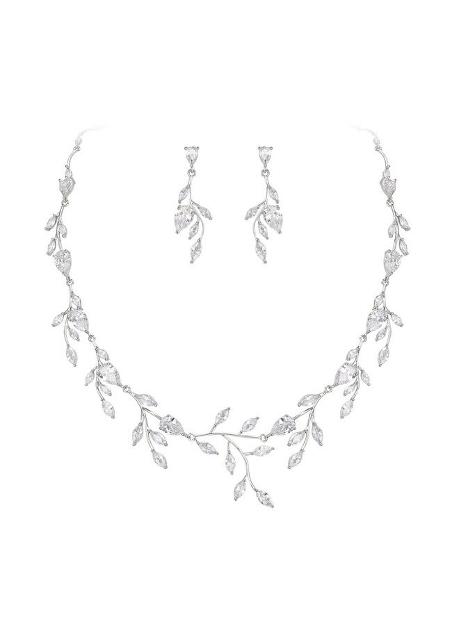 EVER FAITH Wedding Jewelry For Bride Women Bridesmaid, Sparkly Cubic Zirconia Pear-Shaped Birthstone Leaf Necklace Earrings Set For Prom Clear Silver-Tone  - Image 1