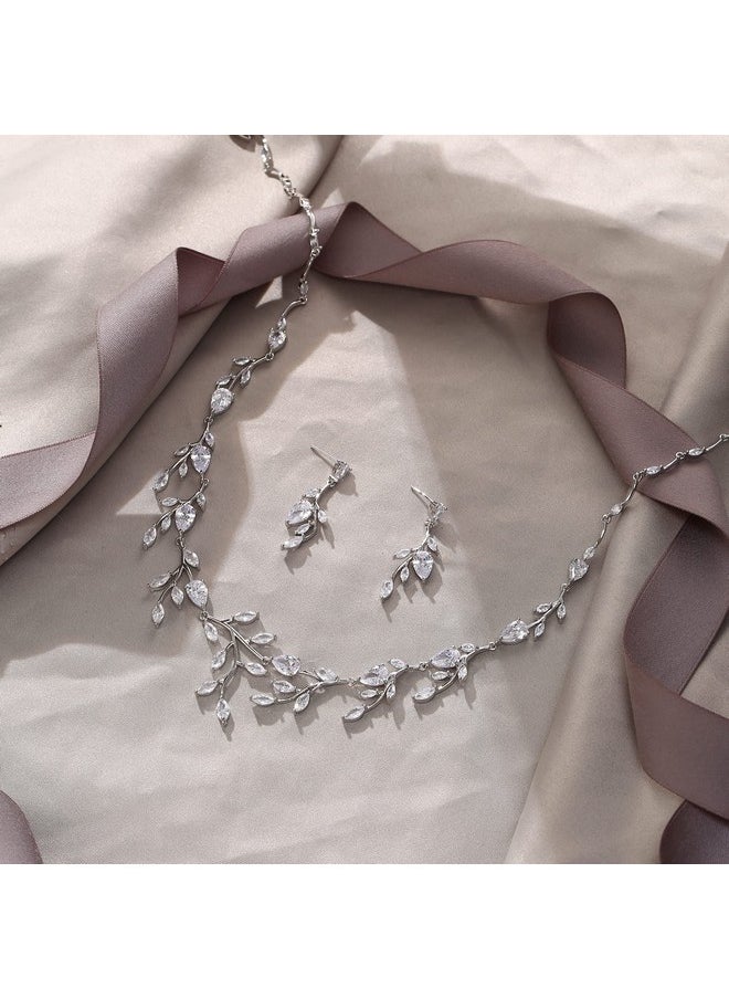 EVER FAITH Wedding Jewelry For Bride Women Bridesmaid, Sparkly Cubic Zirconia Pear-Shaped Birthstone Leaf Necklace Earrings Set For Prom Clear Silver-Tone  - Image 4