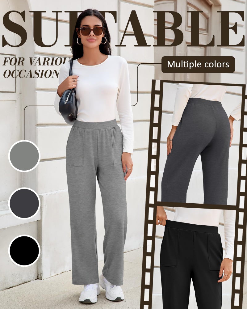 Yearntown 3 Pack Women's Wide Leg Baggy Sweatpants Fleece Elastic Lounge Pants with Pockets Casual Loose Yoga Jogger Pants(Black, Light Mixed Gray, Dark Mixed Gray,Large) - Image 5