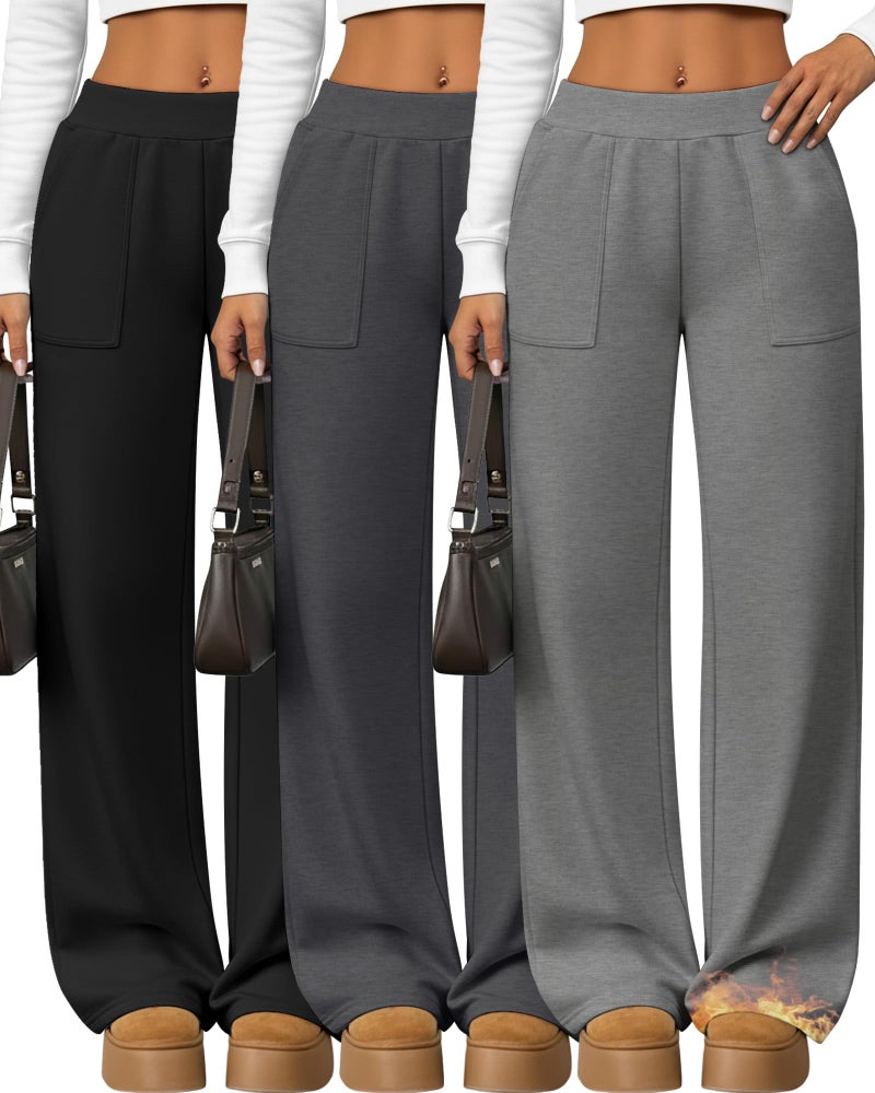 Yearntown 3 Pack Women's Wide Leg Baggy Sweatpants Fleece Elastic Lounge Pants with Pockets Casual Loose Yoga Jogger Pants(Black, Light Mixed Gray, Dark Mixed Gray,Large) - Image 1